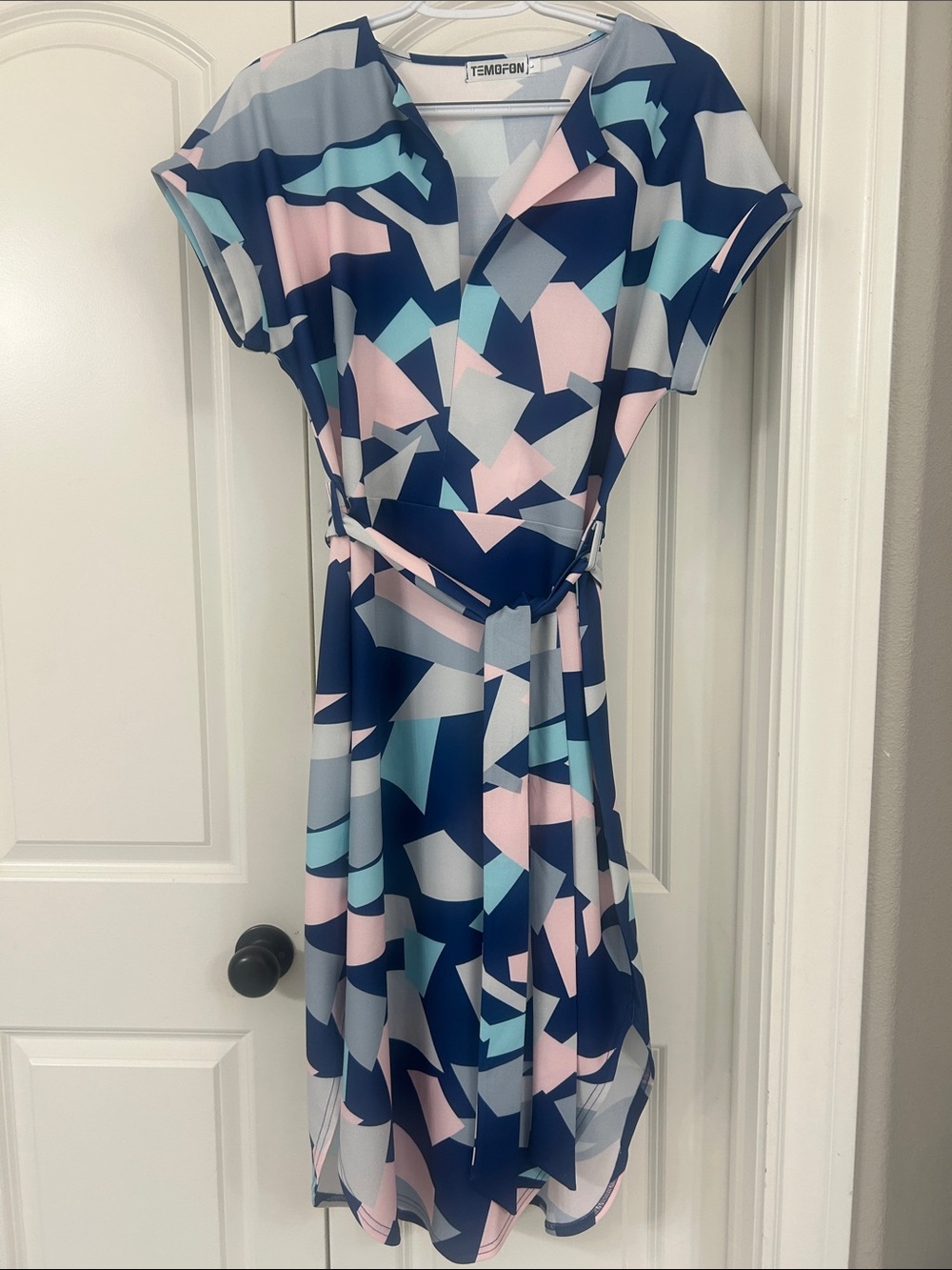 NWOT Navy Geometric Wrap Dress with Pink & Light Blue Accents